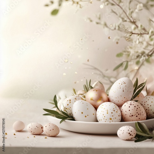 White eggs in bowls with mirt branch on a light background. Great for spring and celebration imagery.