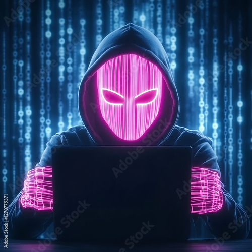 Mysterious Hacker Behind Laptop with Glowing Mask and Hands on the Dark Web Cyberpunk Style photo