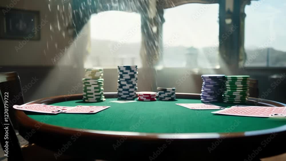 A casino table with stacks of chips and playing cards, symbolizing excitement and risk-taking. The video captures the thrill of gambling and the high stakes environment of a casino.