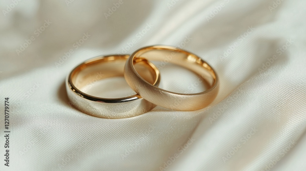 Two elegant gold rings resting on a soft, light fabric, symbolizing love and commitment. Two elegant gold rings resting on a soft, light fabric, symbolizing love and commitment.