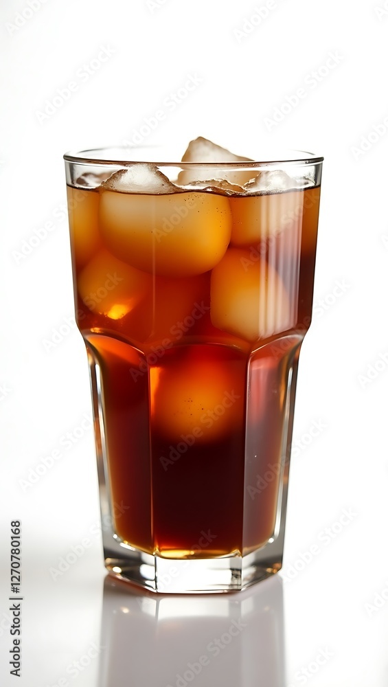 Refreshing drink in a clear glass filled with ice cubes on a light background Refreshing drink in a clear glass filled with ice cubes on a light background
