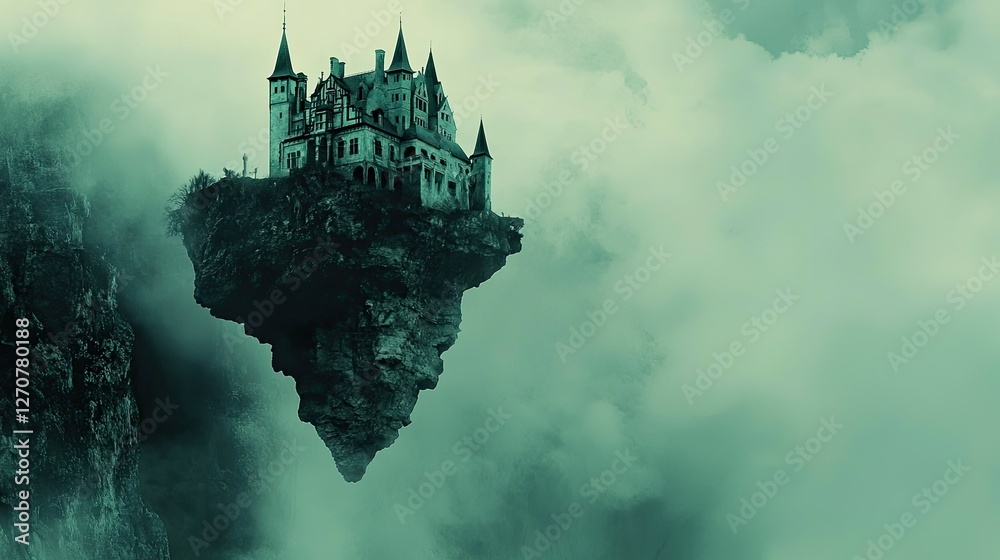 Fototapeta premium Floating Castle Surrounded by Mist and Clouds in Ethereal Landscape