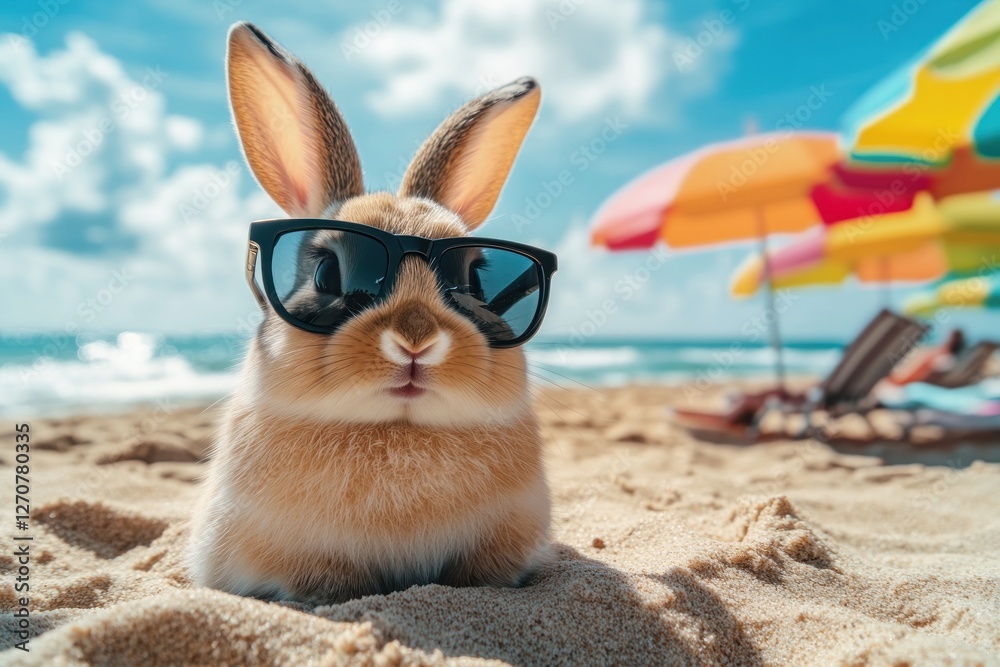 Fototapeta premium Cool bunny on beach, sunglasses, summer fun, vacation, relaxation