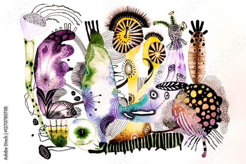 Bright abstract watercolor drawing of unusual streamlined shapes in various colors