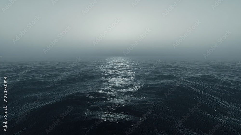 Obraz premium Foggy ocean, ship wake, sunrise, calm sea, travel