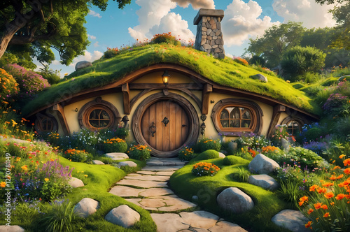 Whimsical Hobbit House Surrounded by Lush Greenery, Wildflowers, and a Rustic Stone Chimney, Featuring Wooden Doors, Intricate Carvings, and a Cozy, Enchanting Fairytale Atmosphere