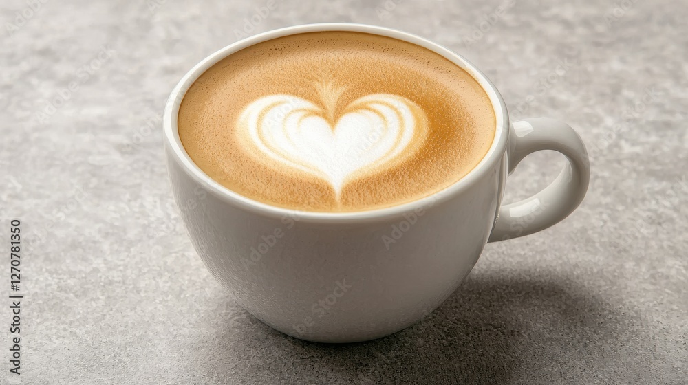 A beautifully crafted latte with a heart-shaped design, served in a white cup against a textured gray background. A beautifully crafted latte with a heart-shaped design, served in a white cup against a textured gray background.