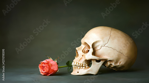 Skull with a pink rose on a dark background symbolizing life and death connection
