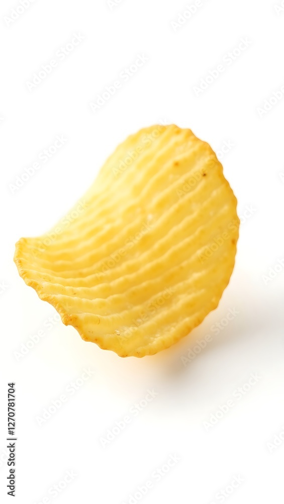 Closeup of a single ridged potato chip against a plain white background showcasing texture Closeup of a single ridged potato chip against a plain white background showcasing texture