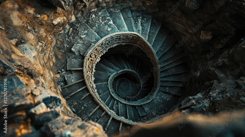 Fototapeta premium Ancient spiral staircase, stone, weathered, decaying, circular.