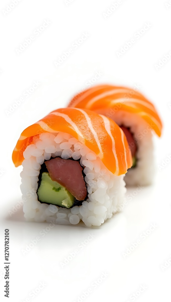 Delicious sushi rolls with fresh salmon and avocado on a white background Delicious sushi rolls with fresh salmon and avocado on a white background