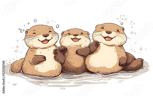 Cute otters playing together in water. Possible use Children's book illustration photo