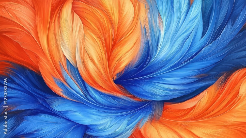 Intertwined orange and blue feathers forming a natural harmony, beautifully captured with vivid colors and smooth gradients Intertwined orange and blue feathers forming a natural harmony, beautifully captured with vivid colors and smooth gradients