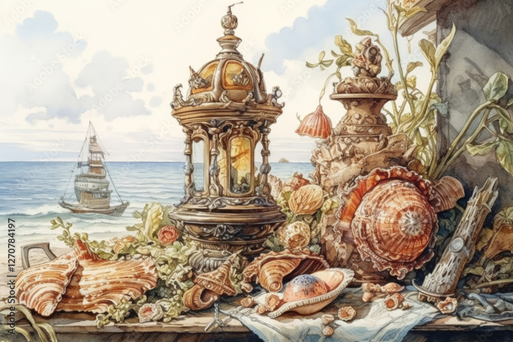 Obraz premium still life on a marine theme with many shells, a lantern and a lighthouse with the sea in the background, watercolor, illustration., watercolor style, Generative AI