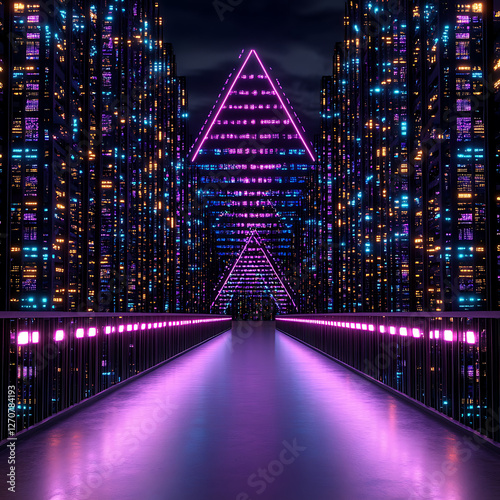 Neon Cityscape Bridge with Triangular Portal to Unknown Dimensions Futuristic Urban Exploration