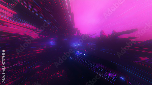 Neon Cityscape Tunnel Abstract Rendering with a Dramatic Pink and Purple Color Scheme Artwork