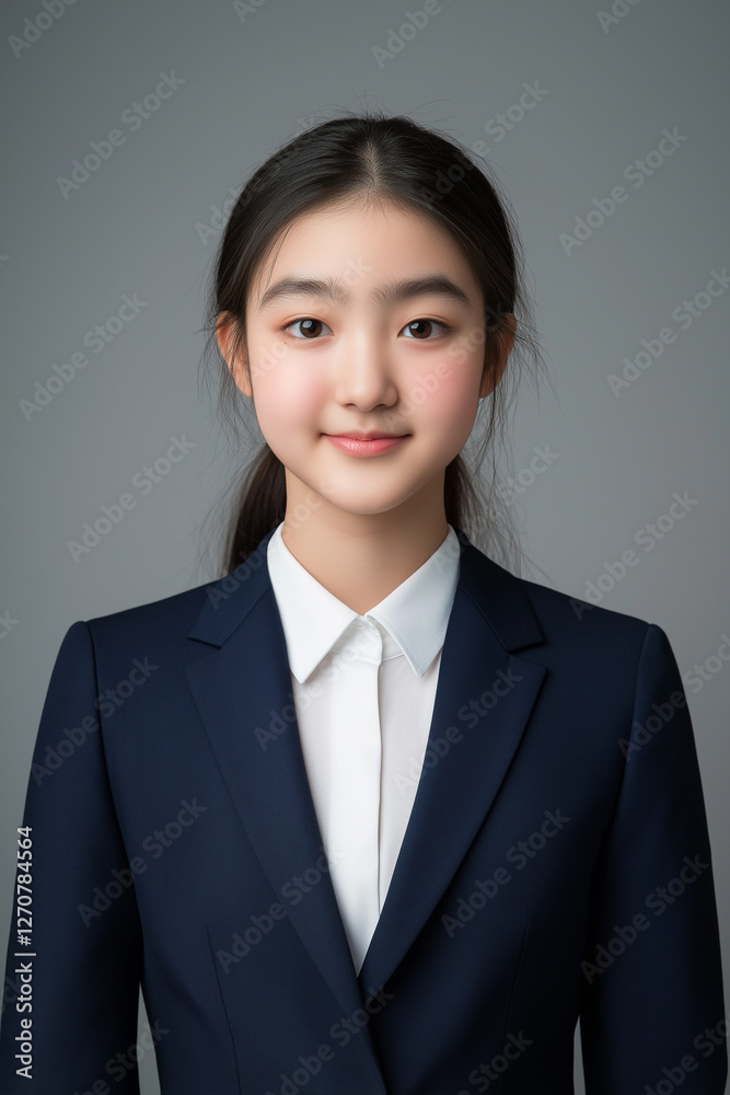 Confident Asian teenage girl in a navy blue suit. Confident Asian teenage girl in a navy blue suit.