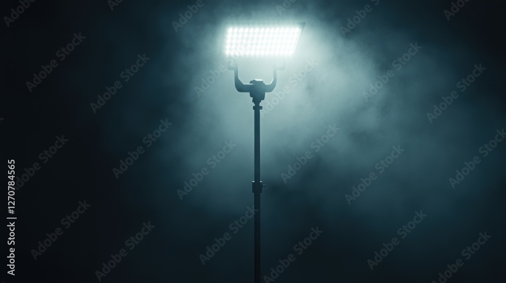 A bright LED light stands tall, illuminating a foggy environment with a dramatic atmosphere. A bright LED light stands tall, illuminating a foggy environment with a dramatic atmosphere.