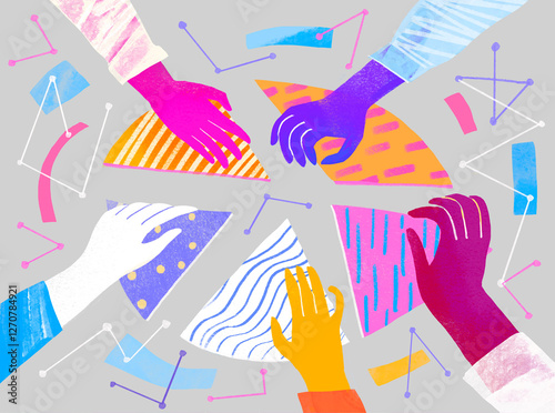 Abstract illustration of diverse hands assembling colorful pieces symbolizing teamwork photo