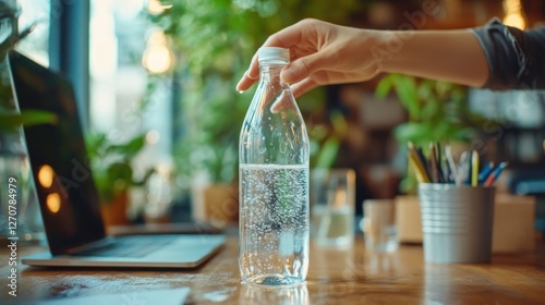 Woman's hand placing sparkling water bottle on cafe table; laptop, plants, background