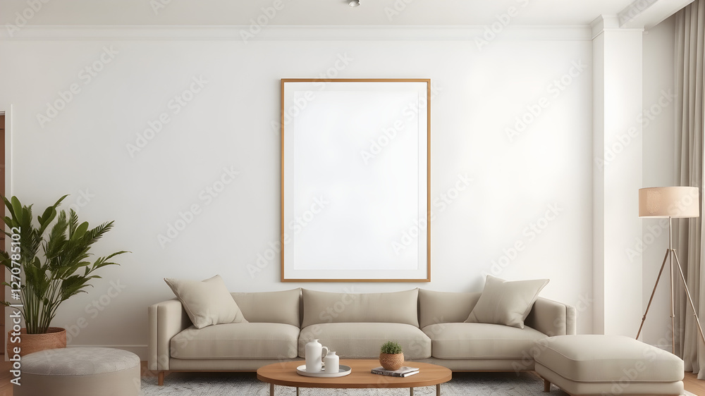 A large poster mockup framed and hanging on a modern living room wall, with a blank space for artwork. Surrounded by stylish furniture and soft ambient lighting, creating a contemporary A large poster mockup framed and hanging on a modern living room wall, with a blank space for artwork. Surrounded by stylish furniture and soft ambient lighting, creating a contemporary