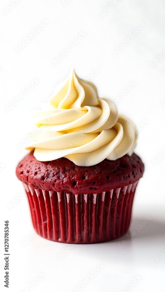 Closeup of a red velvet cupcake topped with creamy frosting on a plain surface Closeup of a red velvet cupcake topped with creamy frosting on a plain surface