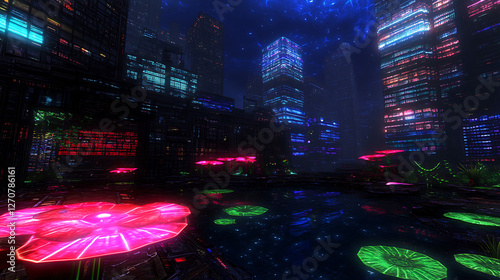 Neon Illuminated Future Cityscape with Bioluminescent Flora Reflecting in Water