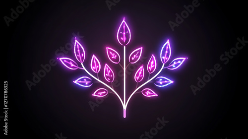 Neon Leaves Glowing on Black Background Decorative Botanical Design with Creative Illumination Effect