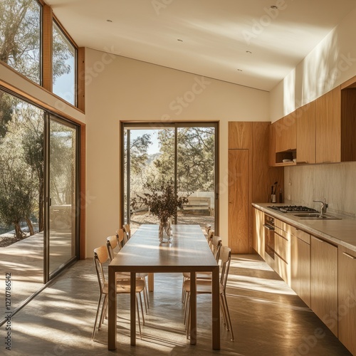 Modern wooden kitchen, dining area,  sunlit, tranquil forest view, home interior design