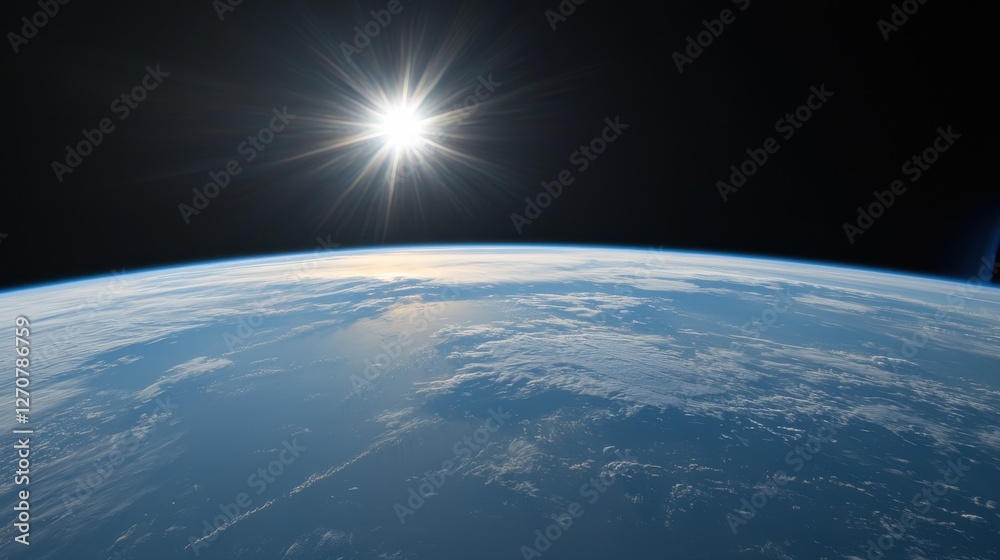 Fototapeta premium A stunning view of Earth from space, showcasing the horizon and the sun shining brightly above.