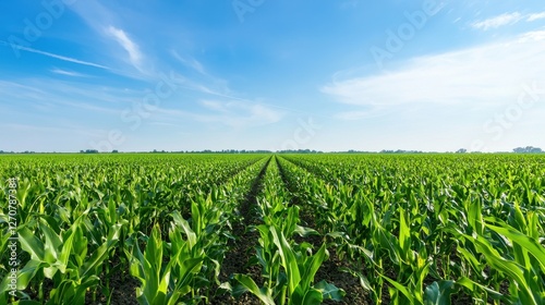 A vast cornfield stretches under a clear blue sky, showcasing rows of lush green plants, symbolizing agriculture and nature's abundance.