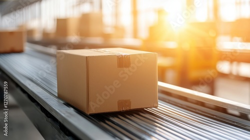 A cardboard box moves along a conveyor belt in a bright, modern warehouse, illuminated by warm sunlight streaming through large windows.