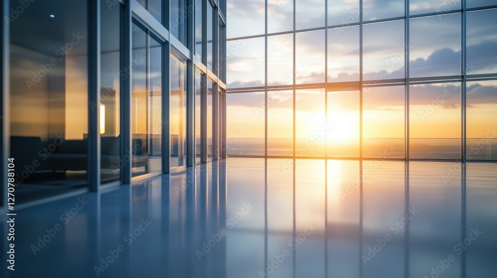 Fototapeta premium Modern Office Interior with Large Windows and Sunset Reflection