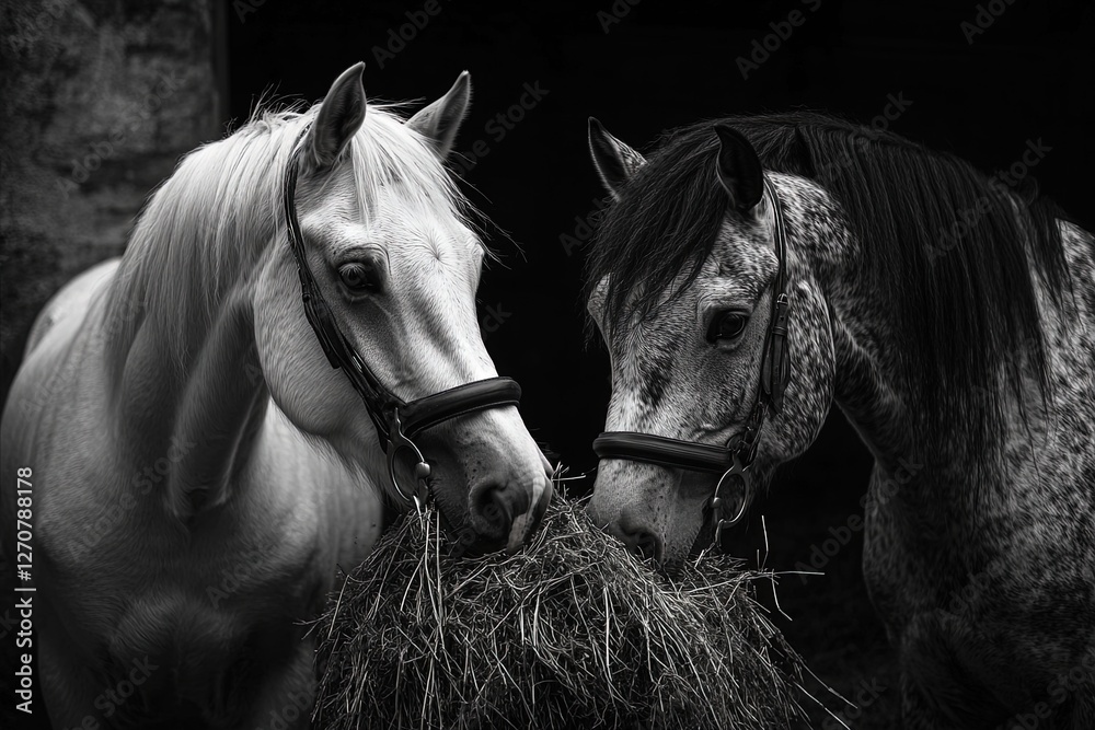 Obraz premium Two horses eating hay