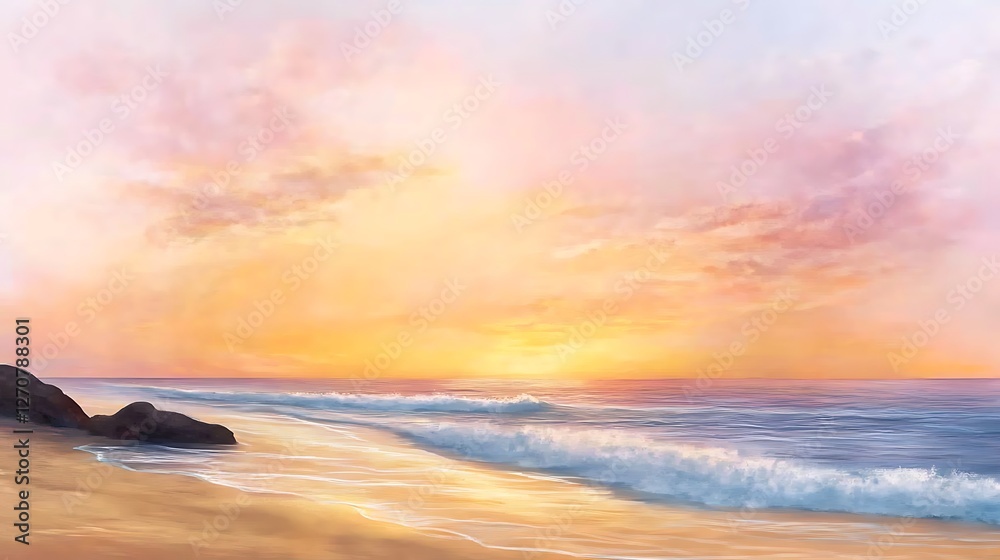 Obraz premium Sunset painting over the ocean, relaxing waves on the shore. Nature background for meditation