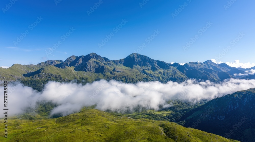 A breathtaking mountain landscape with lush greenery and wispy clouds, under a clear blue sky, showcasing nature's serene beauty. A breathtaking mountain landscape with lush greenery and wispy clouds, under a clear blue sky, showcasing nature's serene beauty.