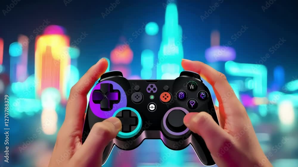 A hand holding a gaming controller in a dark room with illuminated screens around, emphasizing the excitement of gaming. Perfect for gaming and technology-related themes.