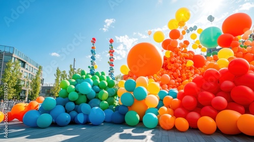 Colorful balloon art installation, sunny city square, joyful celebration, background buildings photo