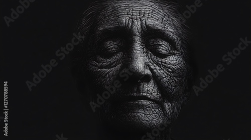 Old woman's face with closed eyes in the shadows, conveying peace, reflection, or solemnity