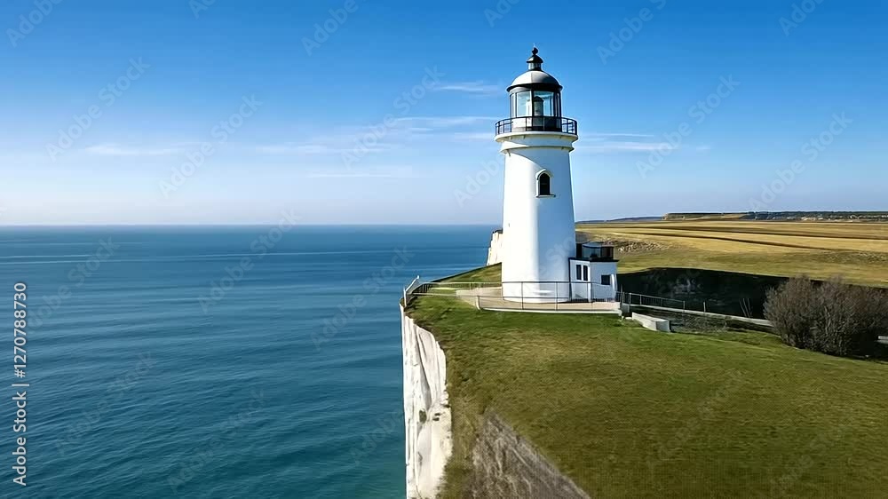 Historic lighthouse on white cliffs overlooking channel Historic lighthouse on white cliffs overlooking channel