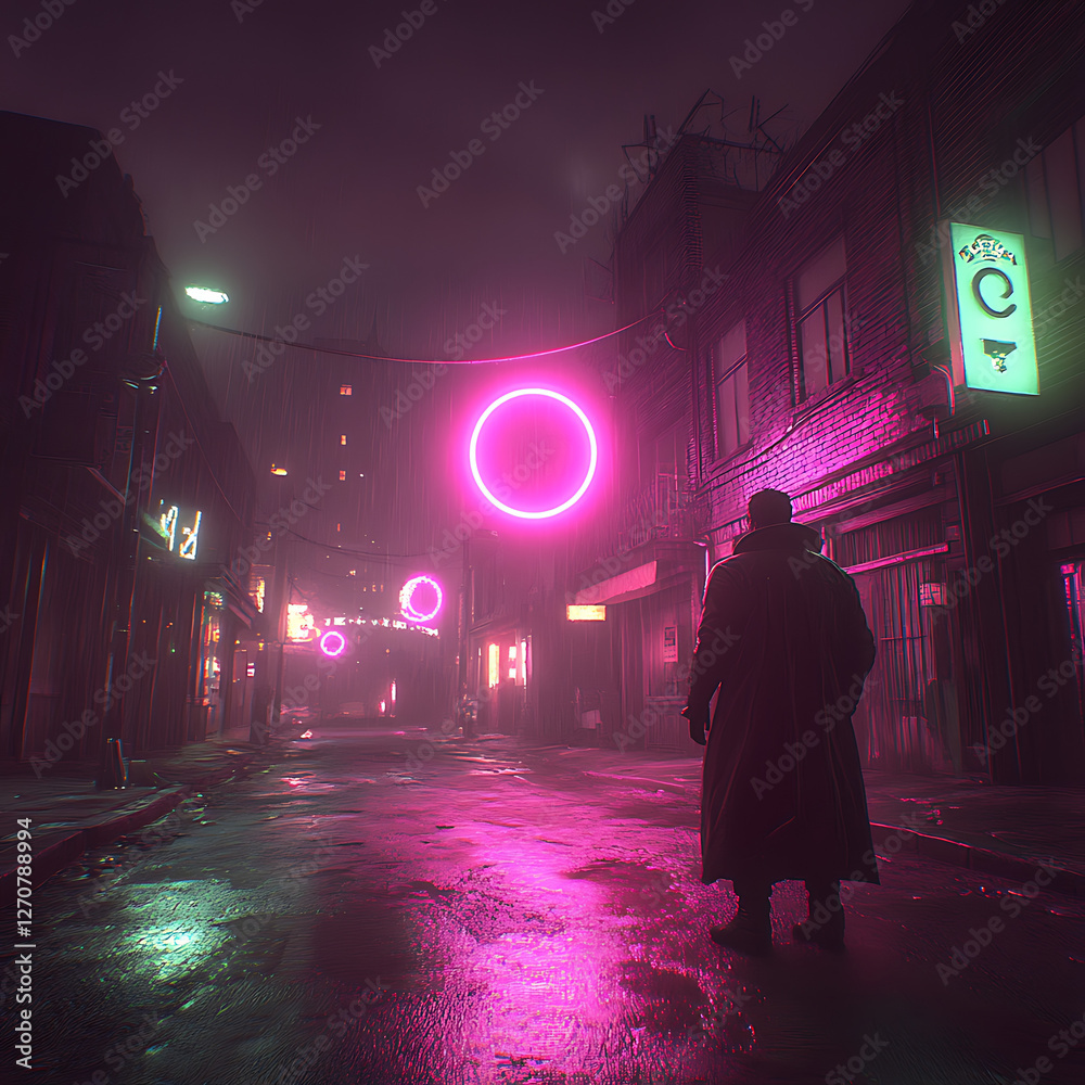 Obraz premium Neon Street Scene Man in Trench Coat at Night with Illuminated Circular Signage in Urban Area