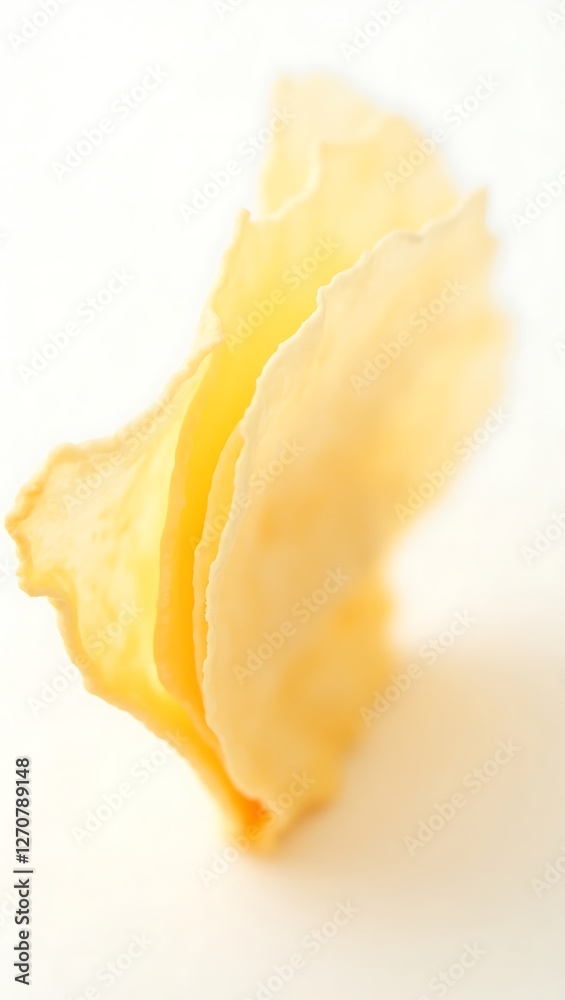 Extreme closeup of a stack of translucent, golden potato chips on a neutral surface Extreme closeup of a stack of translucent, golden potato chips on a neutral surface