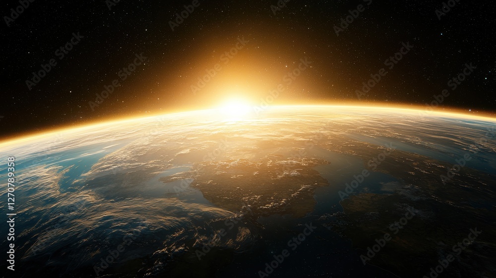 A stunning view of Earth from space, showcasing a sunrise over the horizon, illuminating the atmosphere with vibrant colors. A stunning view of Earth from space, showcasing a sunrise over the horizon, illuminating the atmosphere with vibrant colors.