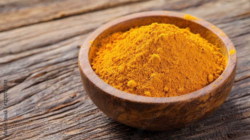 A wooden bowl filled with vibrant yellow turmeric powder, placed on a rustic wooden surface, showcasing its rich color and texture. A wooden bowl filled with vibrant yellow turmeric powder, placed on a rustic wooden surface, showcasing its rich color and texture.