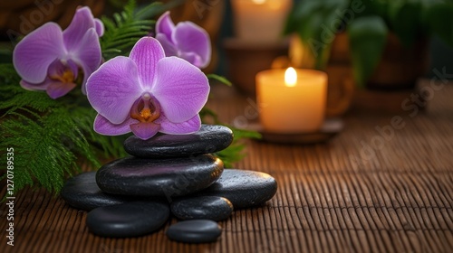 Spa serenity Orchid, stones, candle, plants. Relaxation, wellness, tranquility