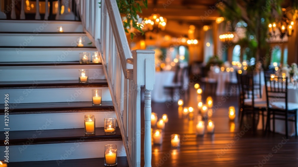 Fototapeta premium Romantic candlelit staircase, wedding reception, indoor venue