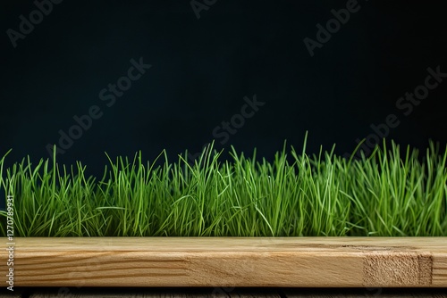 Green grass on wood, dark background, spring