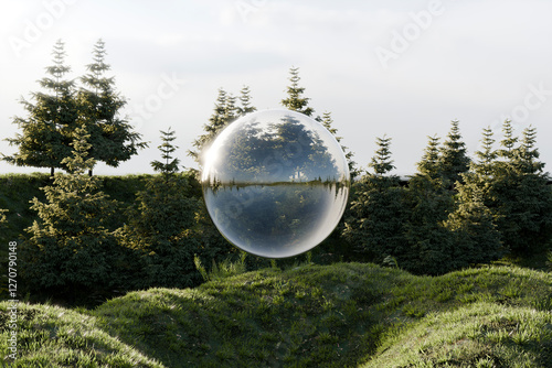 Floating transparent sphere reflecting trees and grass in a natural landscape photo