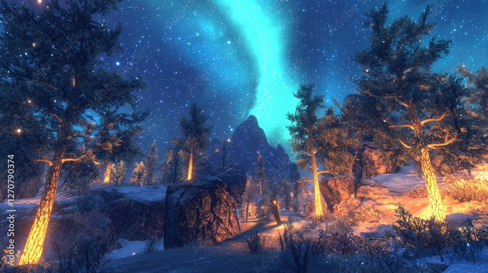 Fototapeta premium Majestic Night Landscape with Aurora Borealis and Snowy Forest