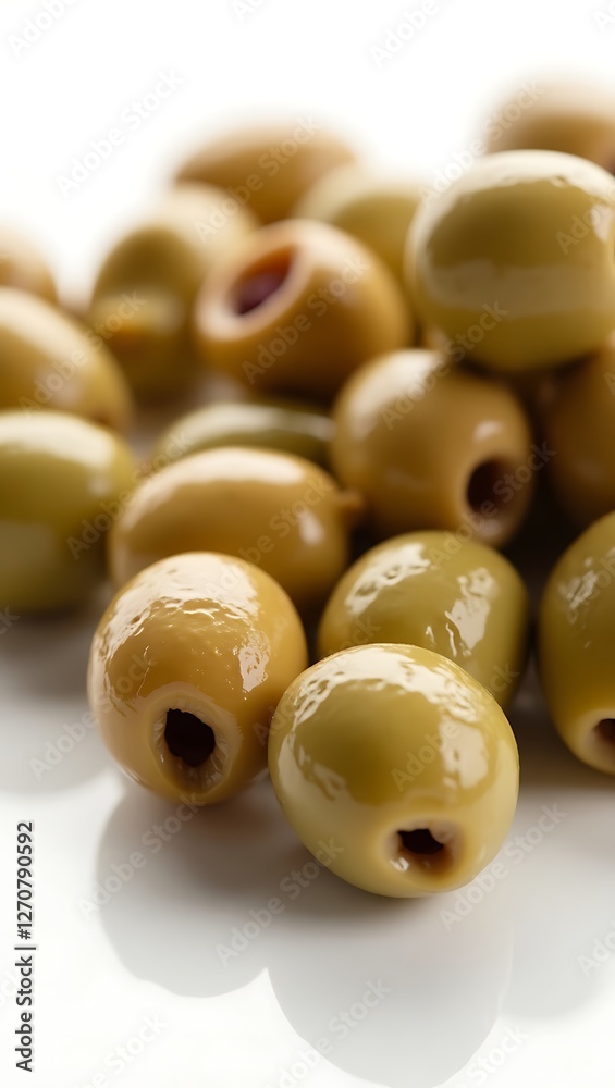 Closeup of glossy green olives arranged on a light background Closeup of glossy green olives arranged on a light background
